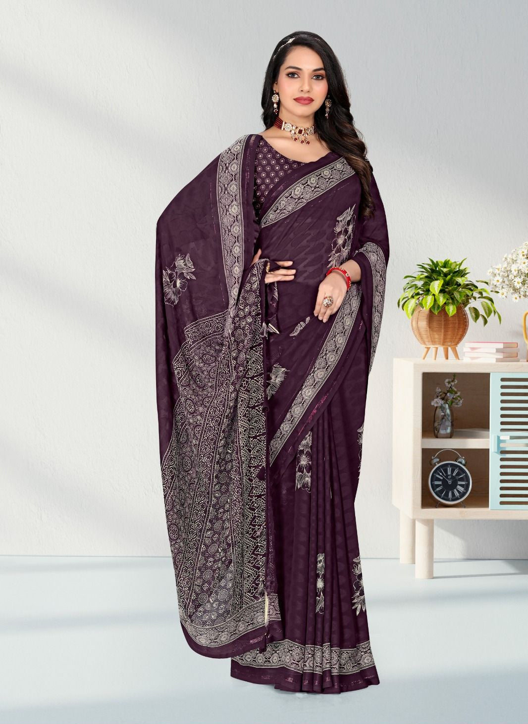 Violet color Satin border Jacquard Butta Georgette saree with blouse for women - 13958