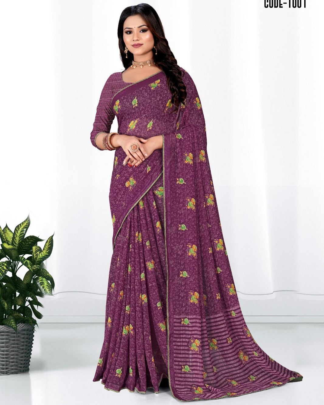 Purple color Woven Zari border Georgette saree with blouse for women - 13835