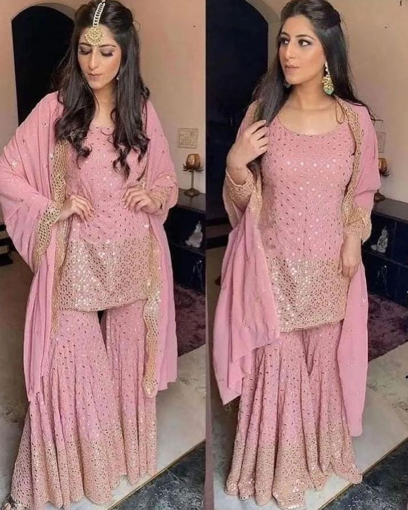 Pink colored faux georgette designer sharara suit