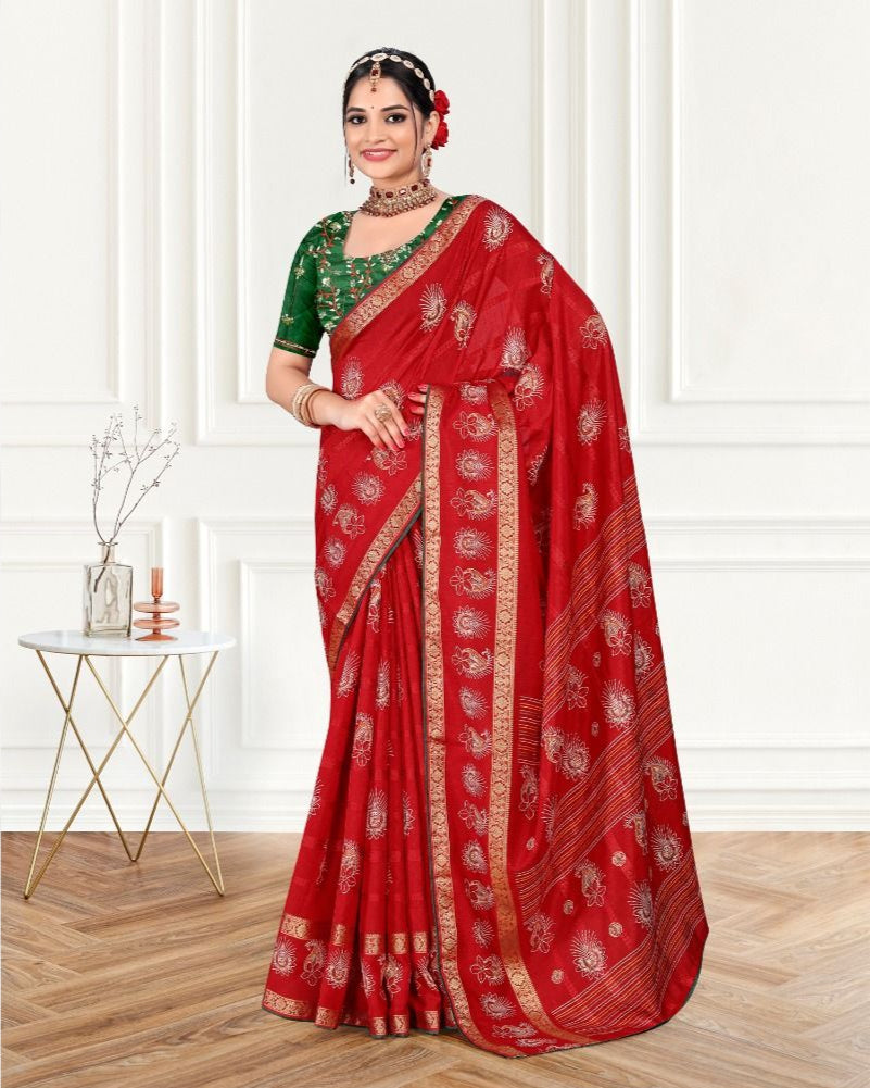Red color Handwork Viscose border Cotton saree with blouse for women - 13681