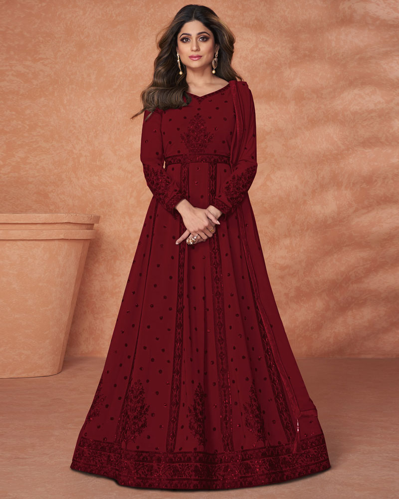 Maroon faux georgette designer gown