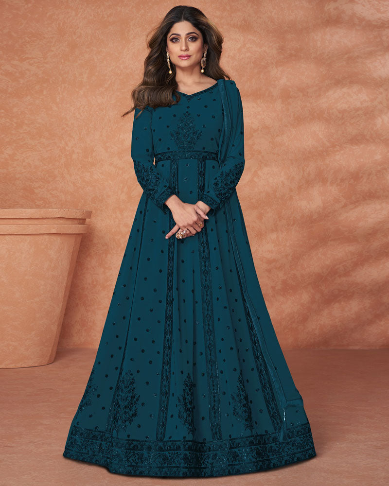 Sea blue faux georgette designer gown