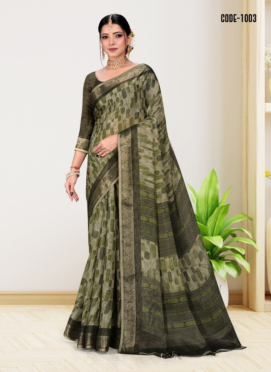 Green color Weaving zari Jacquard border Cotton saree with blouse for women - 13982