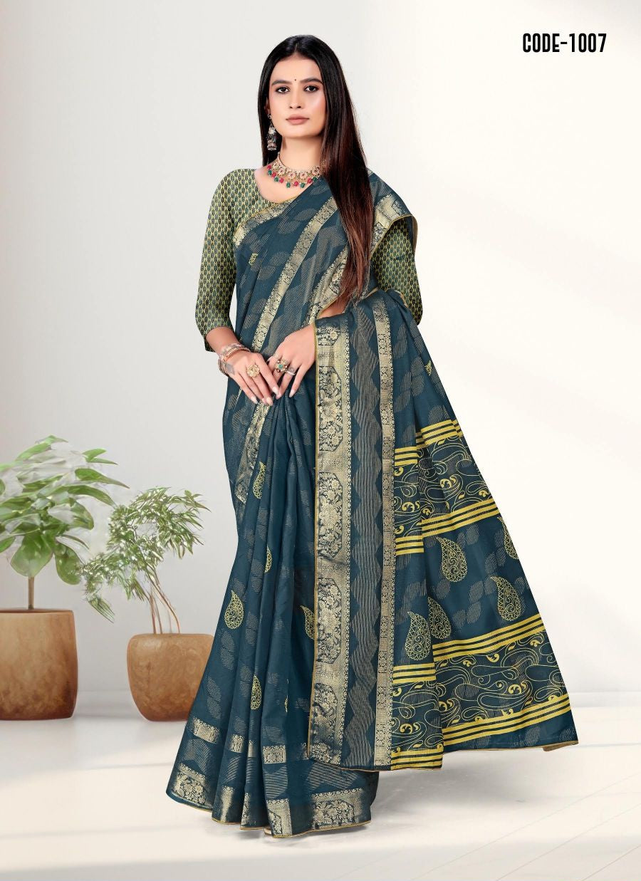 Blue color Zari Weaving Jacquard border Viscose saree with blouse for women - 13525