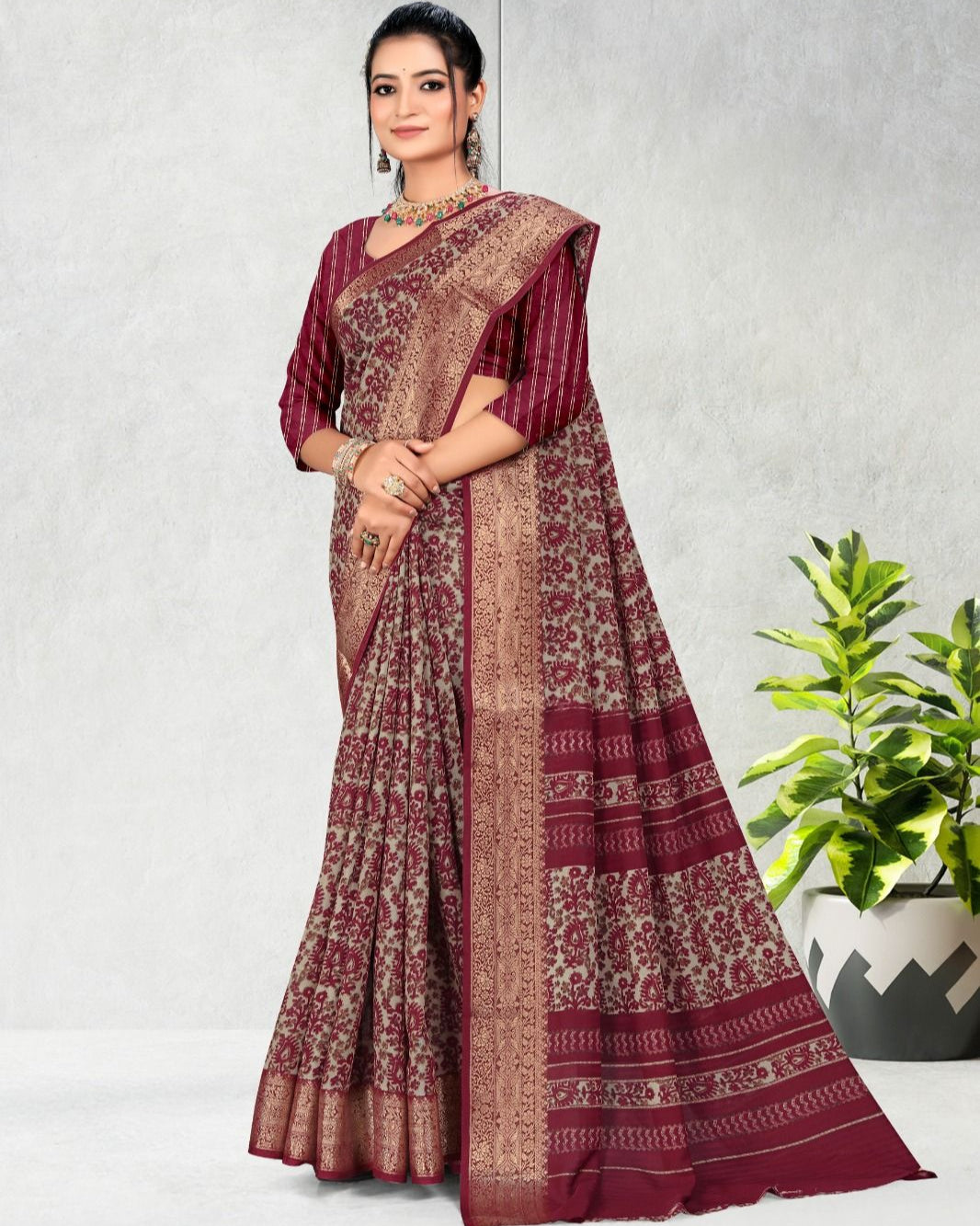 Purple color Best selling Zari Weaving Jacquard border Soft Cotton saree with blouse for women - 14337