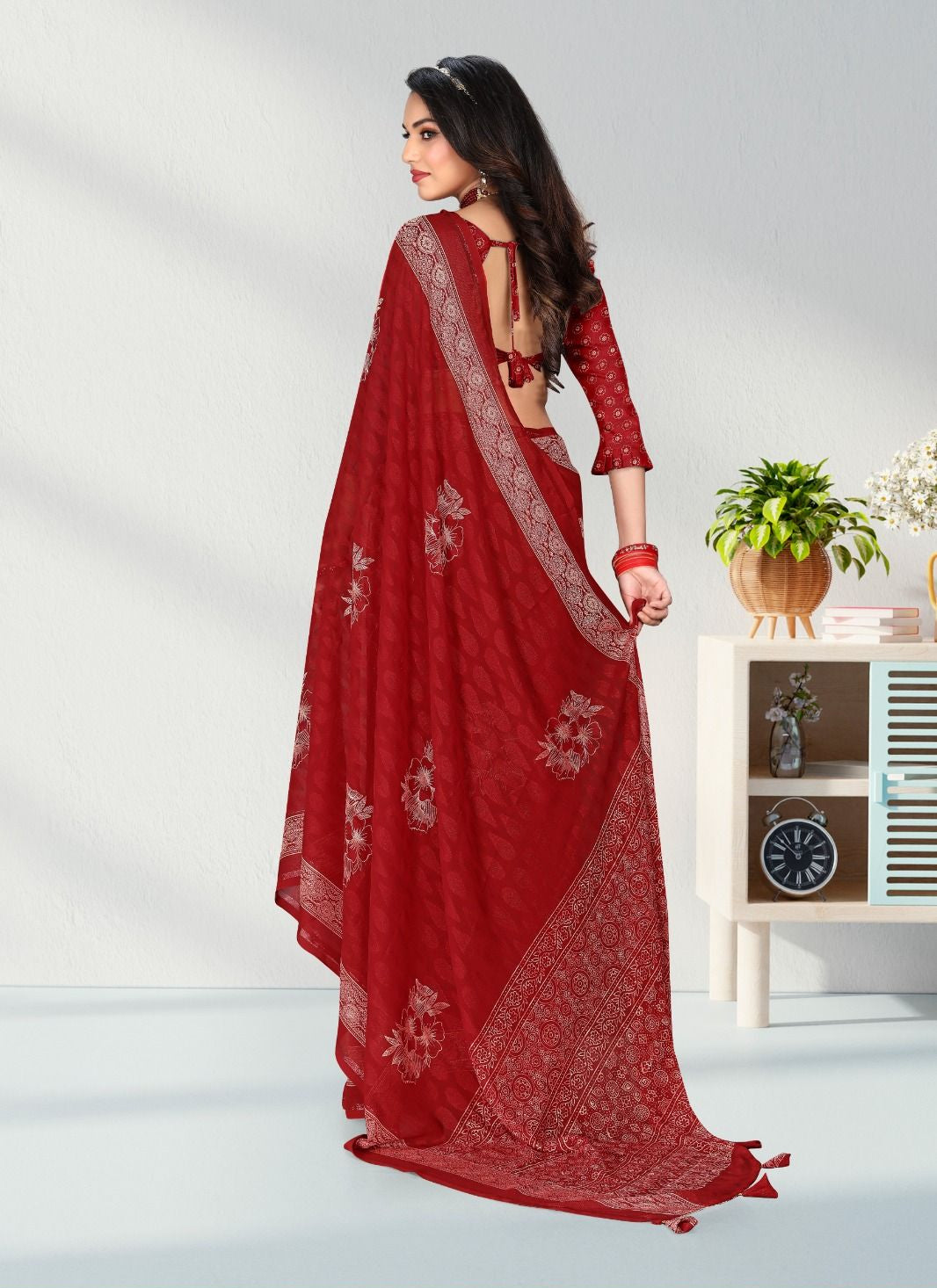 Red color Satin border Jacquard Butta Georgette saree with blouse for women - 13957