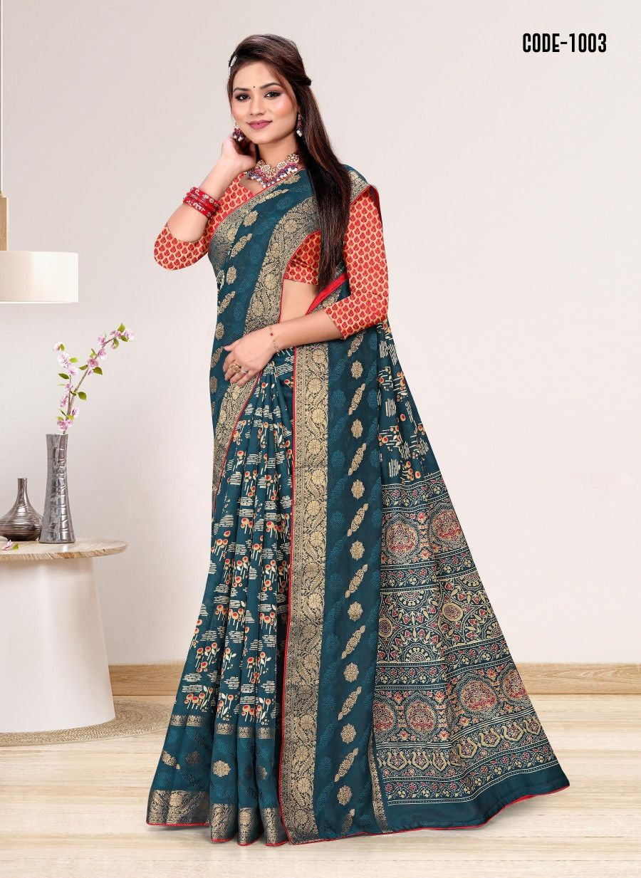Blue color Jacquard Butta Soft cotton saree with blouse for women - 14038