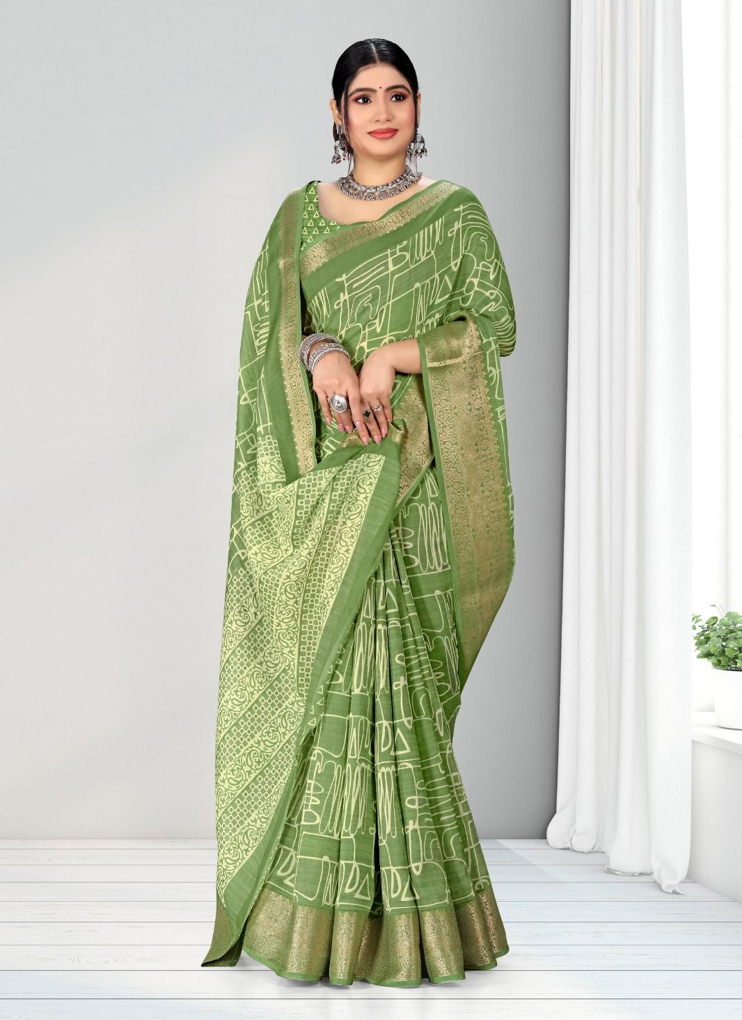 Light Green color Geometric Print Zari border Soft cotton saree with blouse for women - 14306