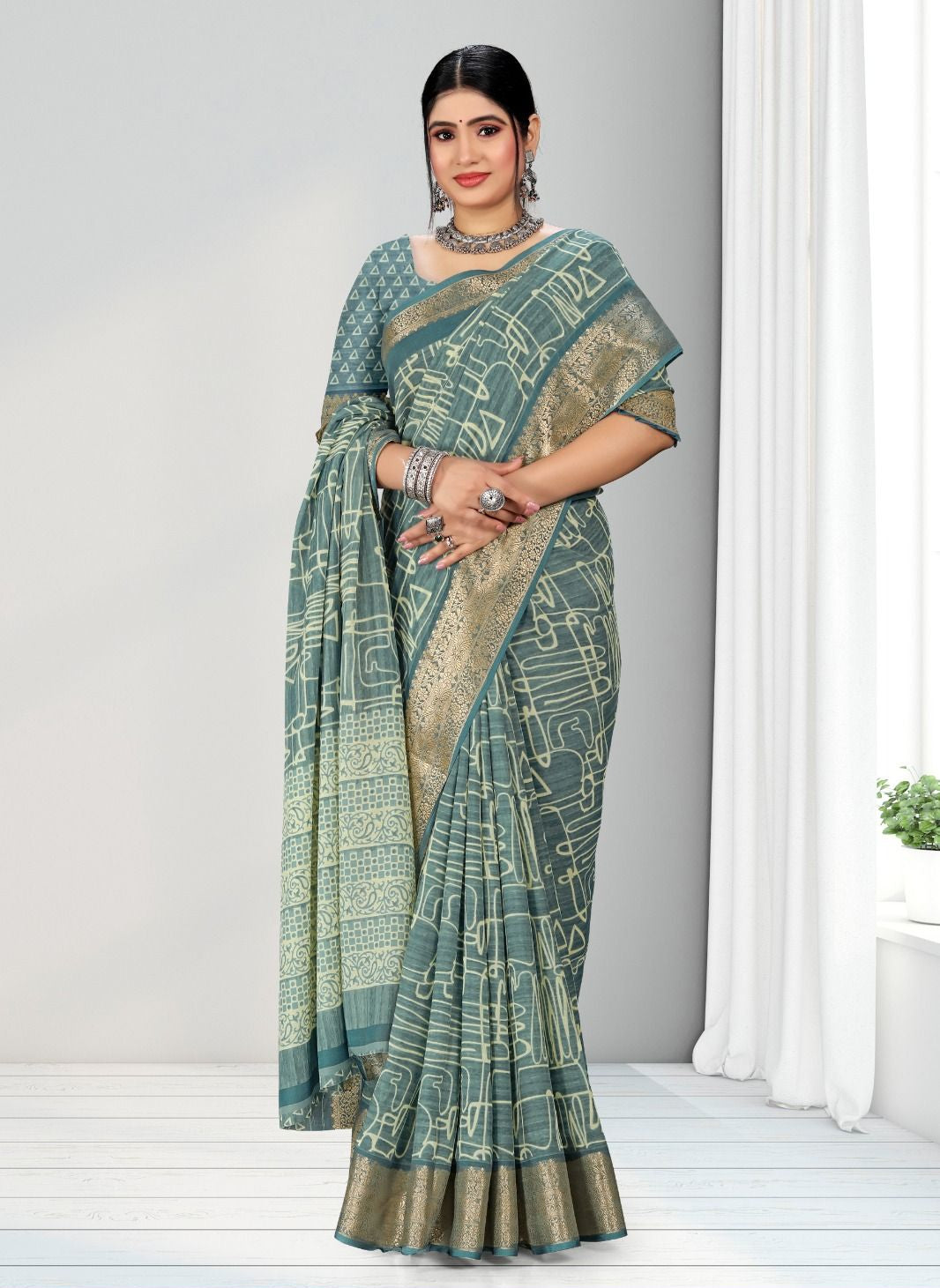 Steel Blue color Geometric Print Zari border Soft cotton saree with blouse for women - 14300