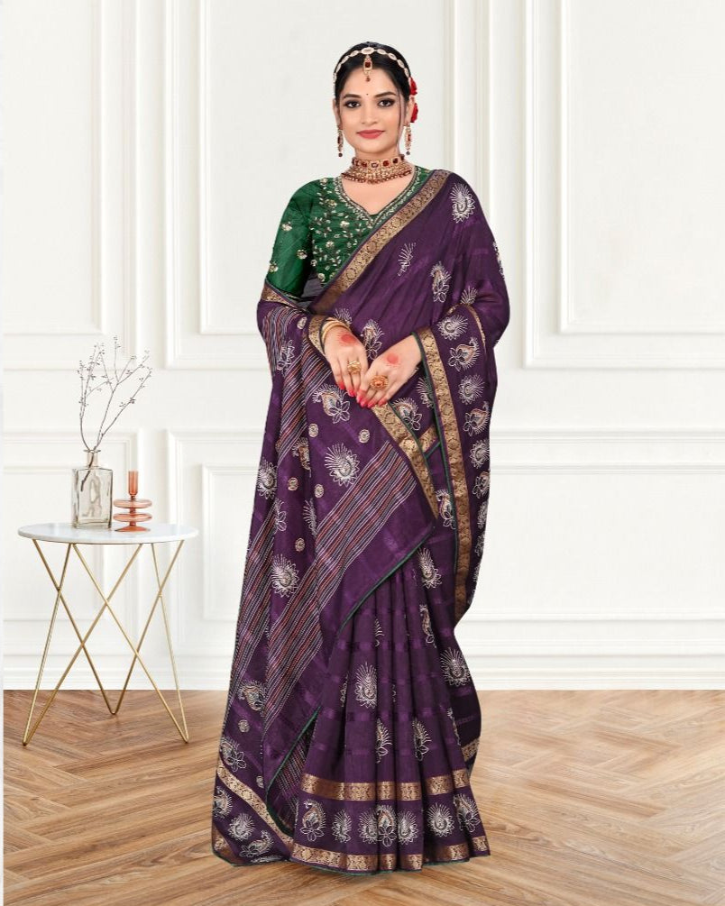 Violet color Handwork Viscose border Cotton saree with blouse for women - 13686