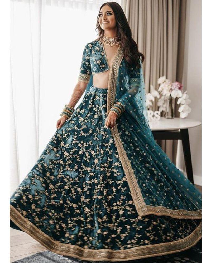 Bottle green colored designer velvet lehenga choli Styles for