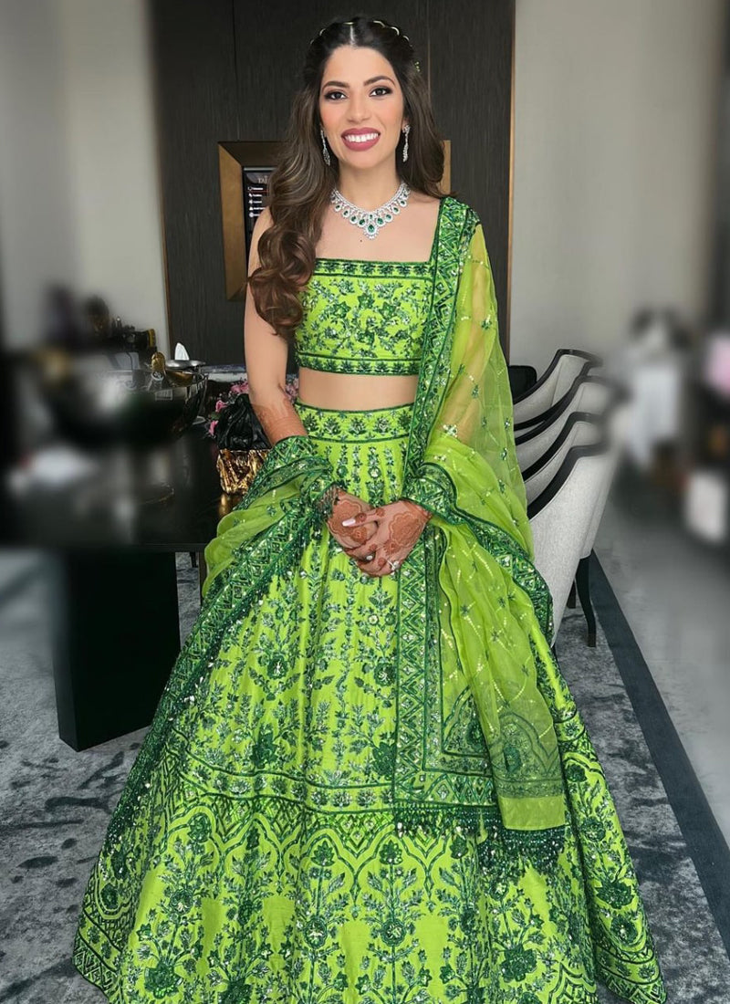 Pista green colored malai satin silk lehenga choli