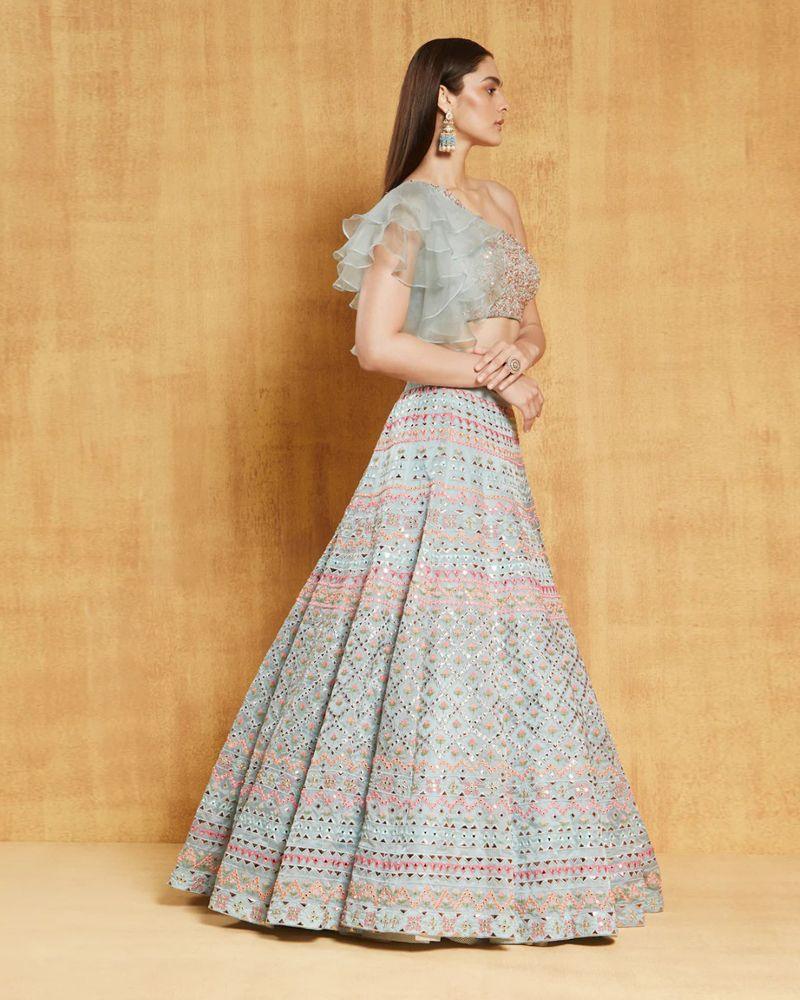 Lehenga choli with dori work, Lehenga choli in sunny yellow, Lehenga choli for spring wedding, Lehenga choli with wrap blouse, Lehenga choli for date night, Lehenga choli in royal attire, Lehenga choli with beaded fringe, Lehenga choli for afternoon tea, Lehenga choli with criss-cross back, Lehenga choli in wine color