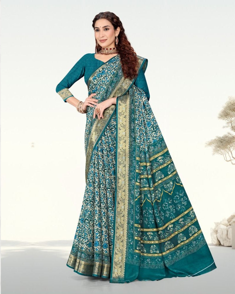 Teal Blue color Botanical Print Jacquard border Cotton saree with blouse for women - 13938