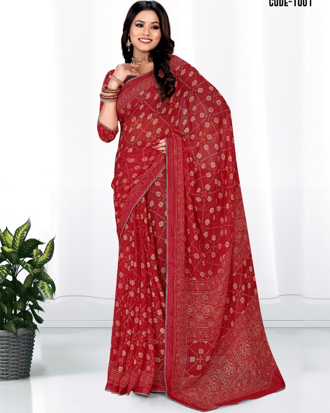 Red color Georgette Woven Zari border saree with blouse for women - 13841