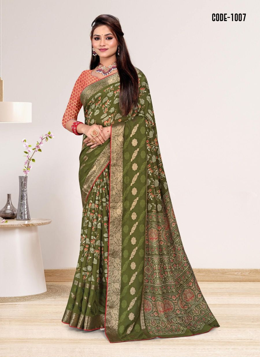 Mehendi Green color Jacquard Butta Soft cotton saree with blouse for women - 14042