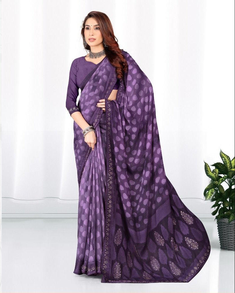 Violet color Georgette Diamond work Brasso cut siroski saree with blouse for women - 14021