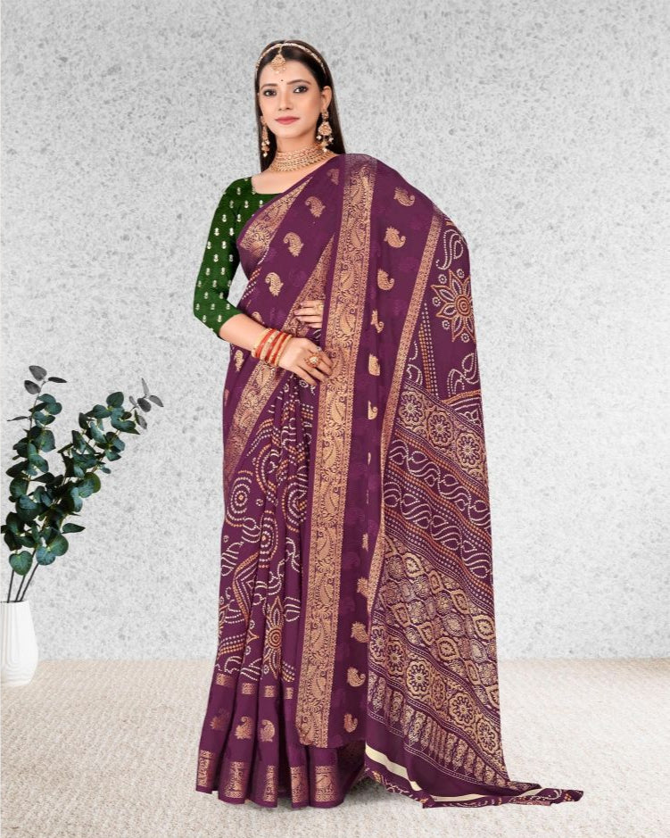 Purple color Bandhani Print Jacquard border Cotton saree with blouse for women - 14269