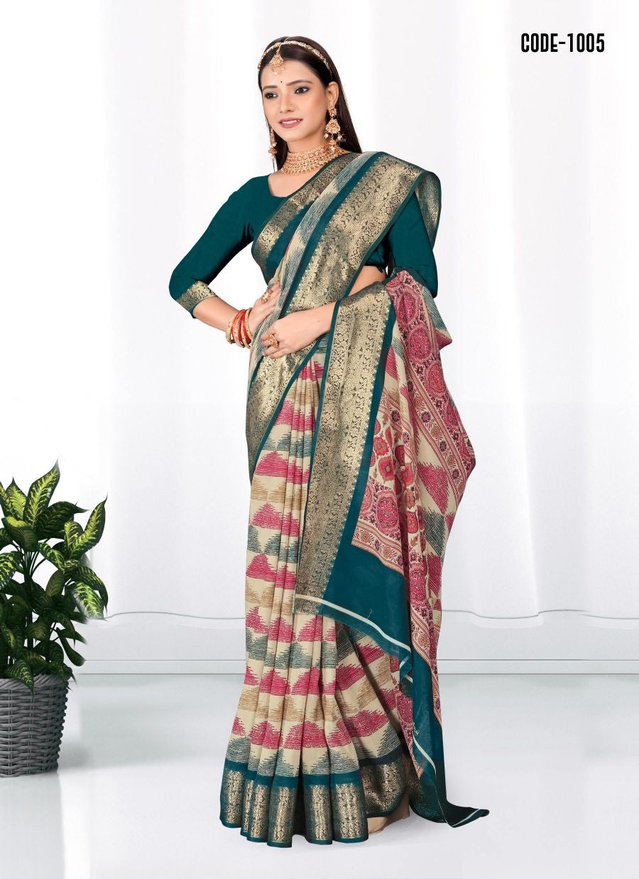 Peacock Blue color Geometric Print Zari border Soft cotton saree with blouse for women - 14327