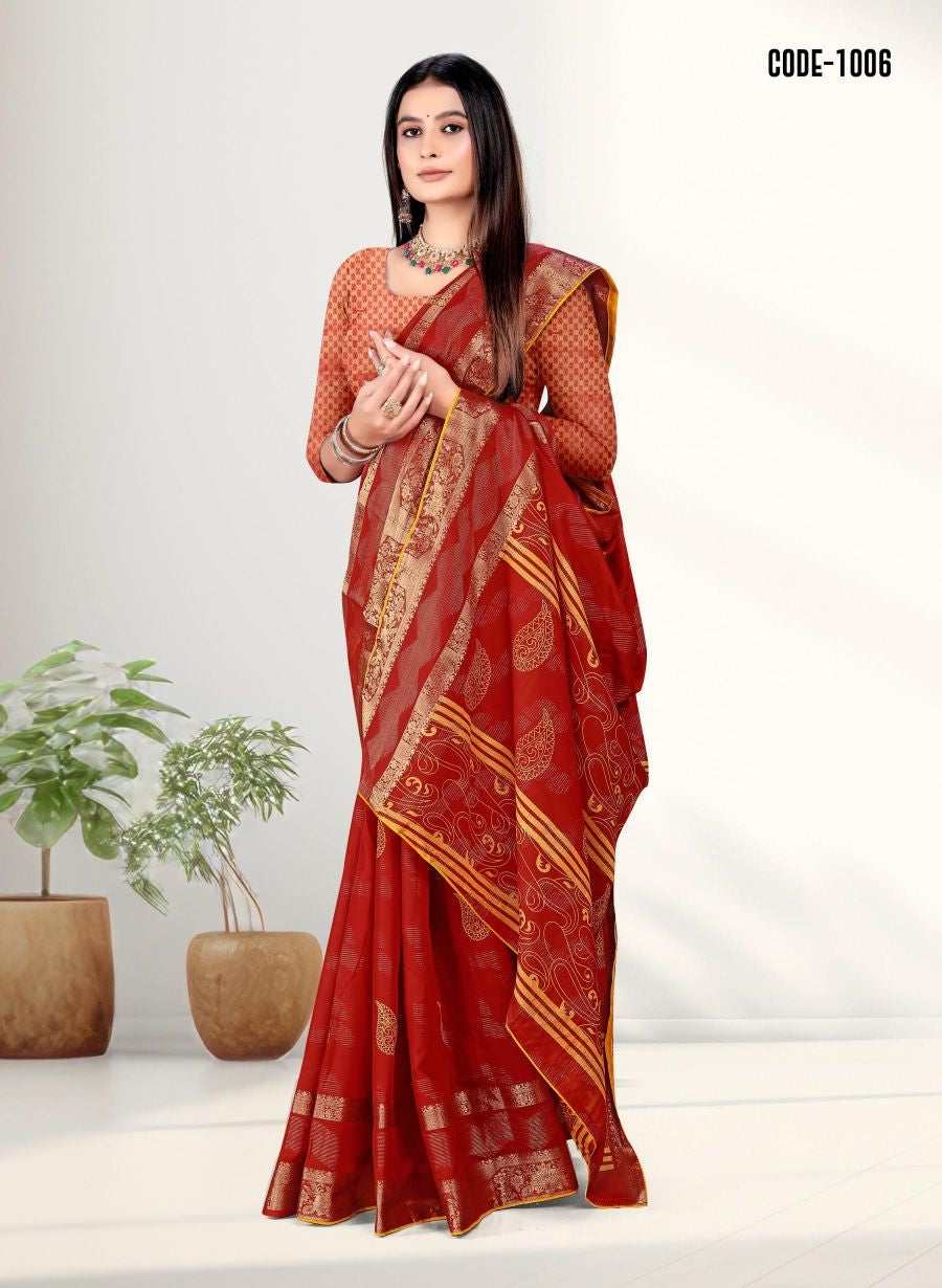 Red color Zari Weaving Jacquard border Viscose saree with blouse for women - 13524