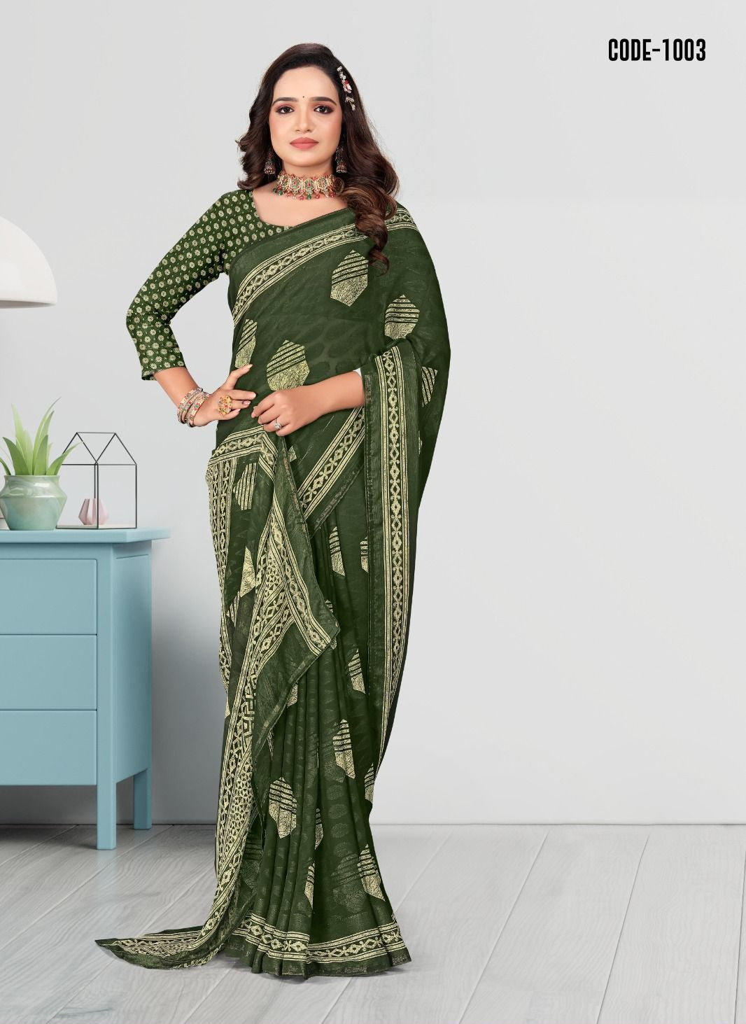 Green color Woven Jacquard Butta Georgette saree with blouse for women - 13969