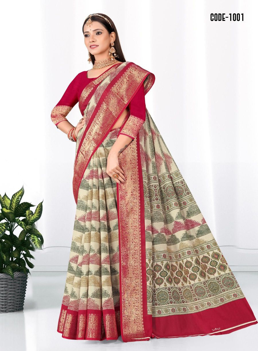 Red color Geometric Print Zari border Soft cotton saree with blouse for women - 14323