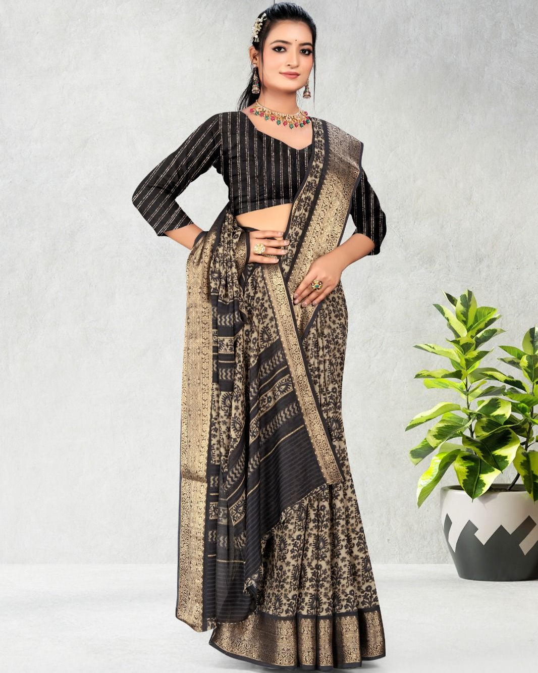 Black color Best selling Zari Weaving Jacquard border Soft Cotton saree with blouse for women - 14340