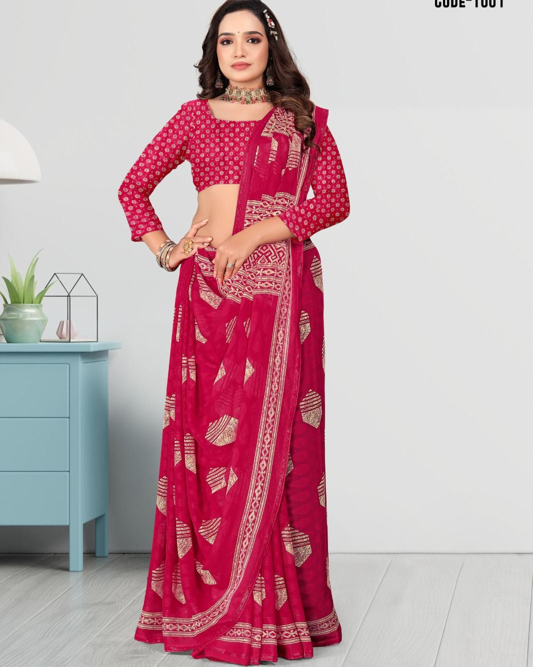 Pink color Woven Jacquard Butta Georgette saree with blouse for women - 13967