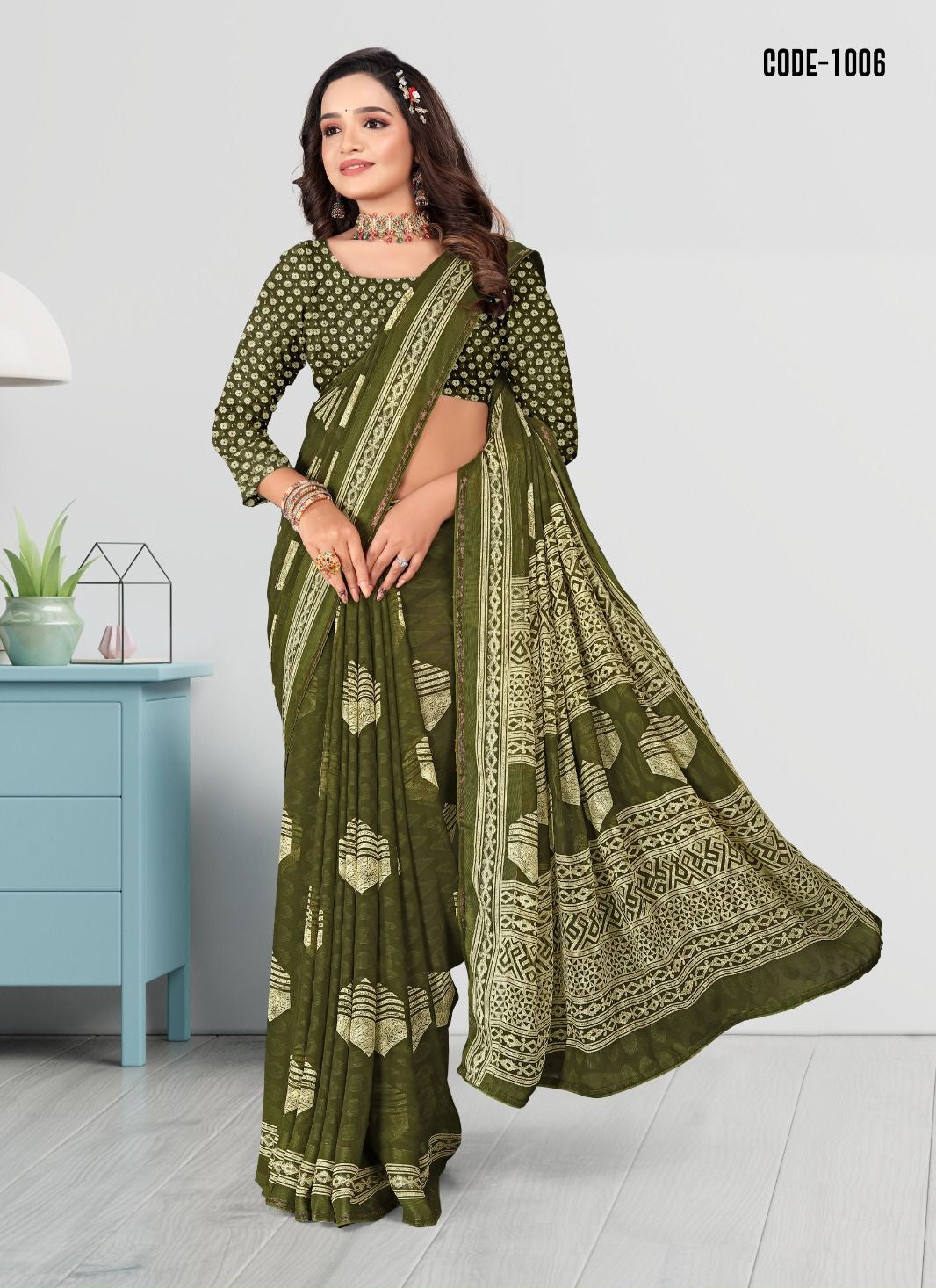 Mehendi Green color Woven Jacquard Butta Georgette saree with blouse for women - 13972