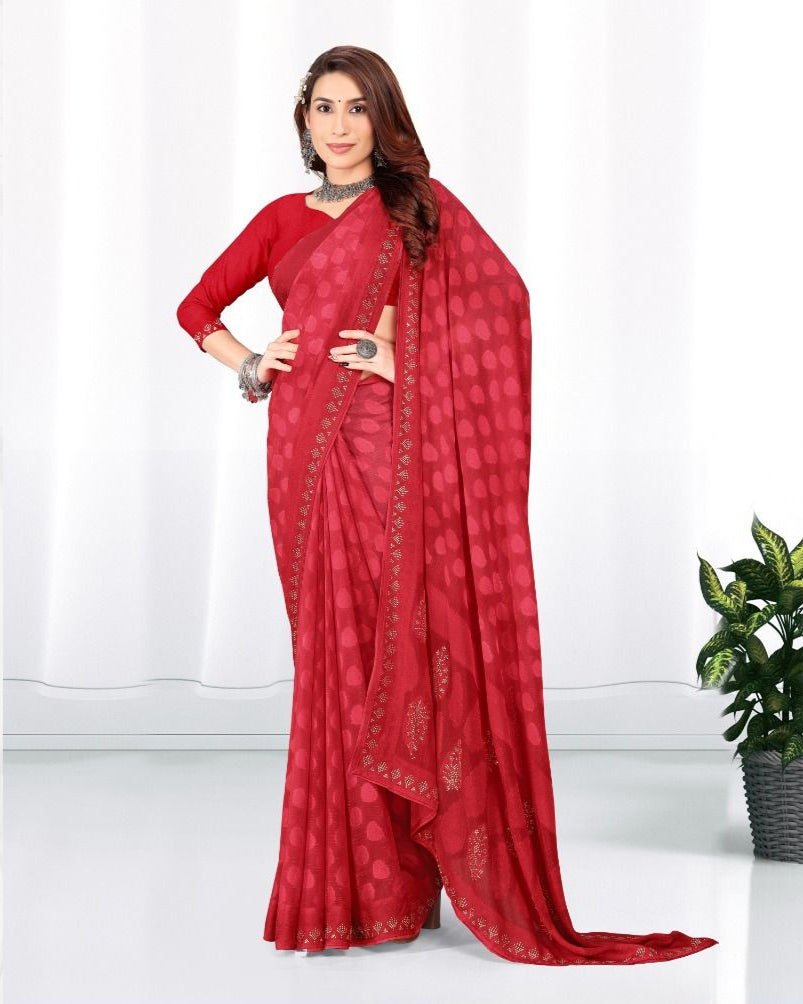 Red color Georgette Diamond work Brasso cut Swarovski saree with blouse for women - 14022