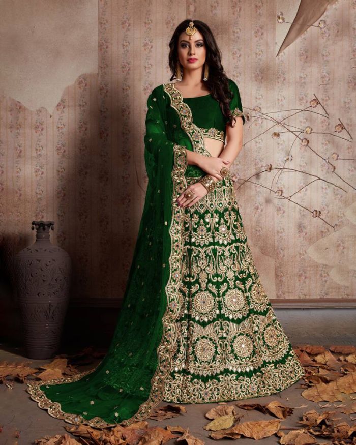Green Net Lehenga Choli With Sequins Embroidery 2467LG03