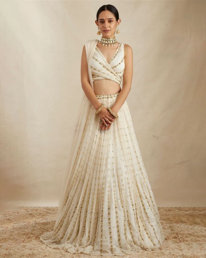 Hecate Dusty Ivory Shimmer Tulle Bridal Lehenga Sari | Dolly J – KYNAH