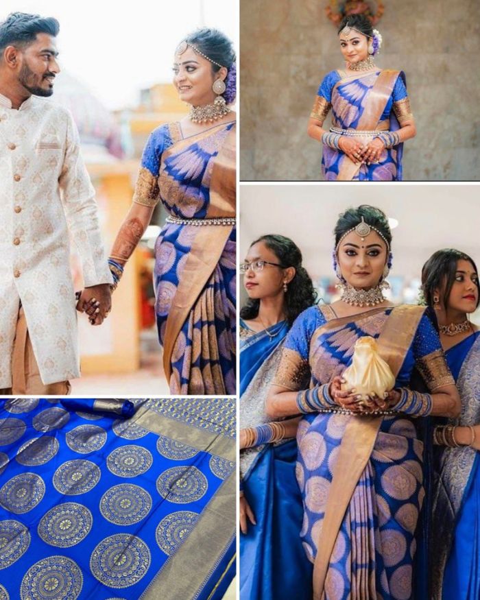 Blue Embroidered Border Wedding Saree In Silk