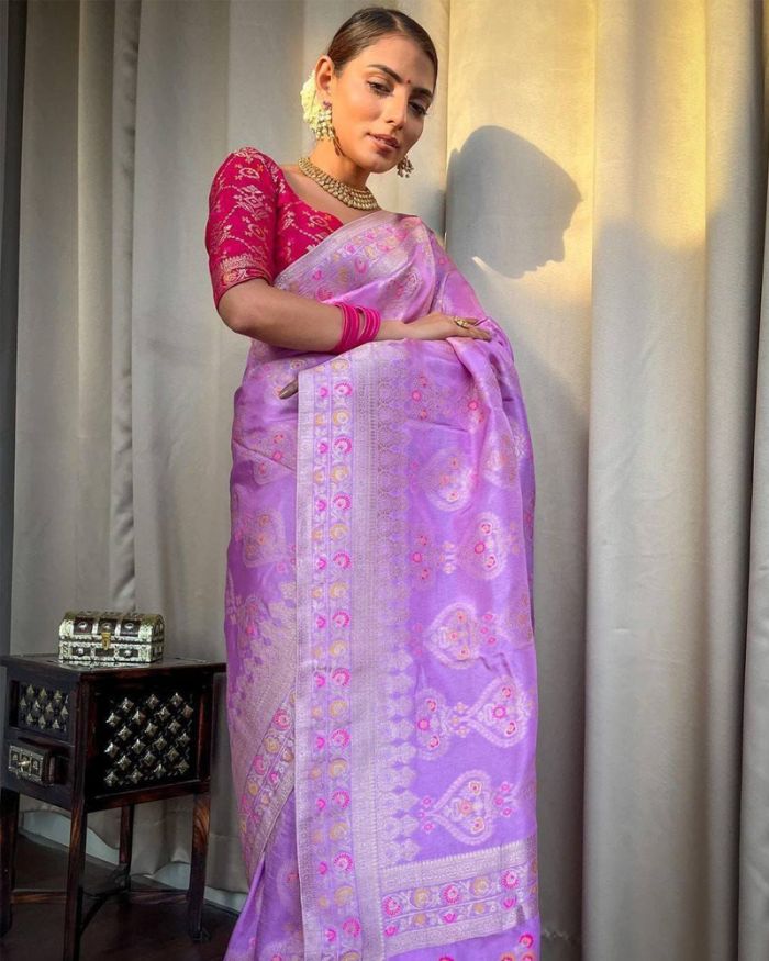 Silk Sarees : Purple lichi silk jacquard work wedding saree