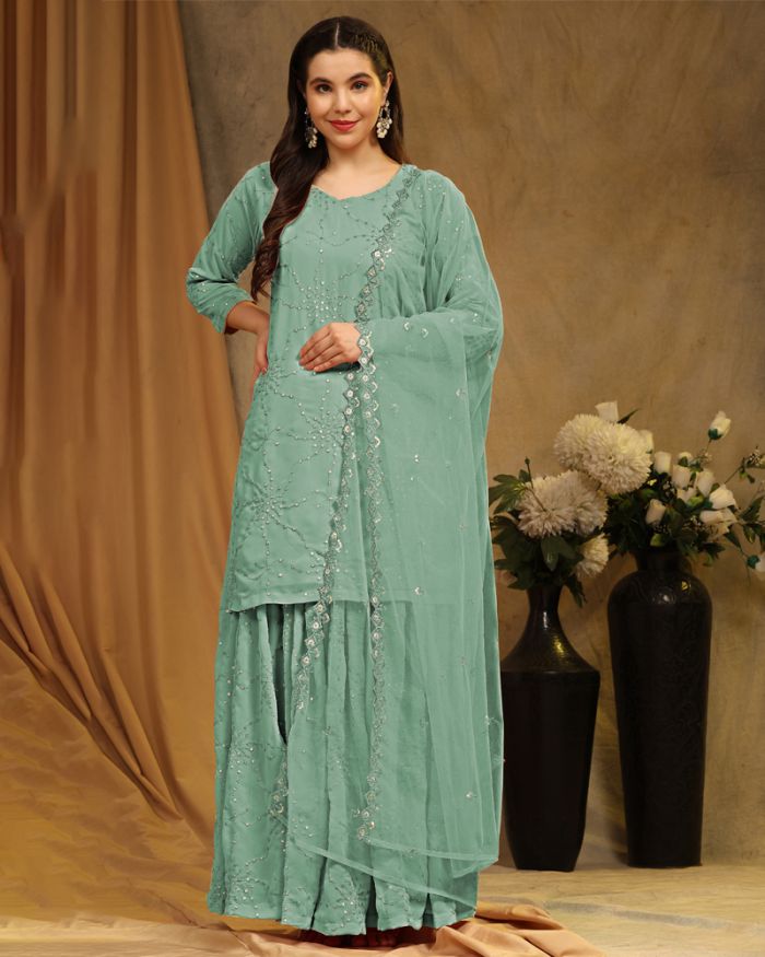 Embroidered Designer Light Green Color Modal Chanderi Straight Stitched Suit  at Rs 1050 in Ahmedabad