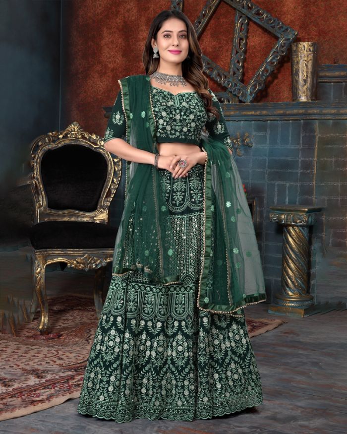 Exotic Green And Peach Net Thread & Zari Embroidered With Mirror Wedding  Designer Lehenga Choli With Dupatta - Divine International Trading Co -  3832656