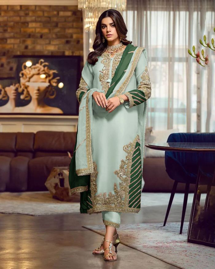 Pleasant Green color Punjabi Suit With Embroidery Georgette Base