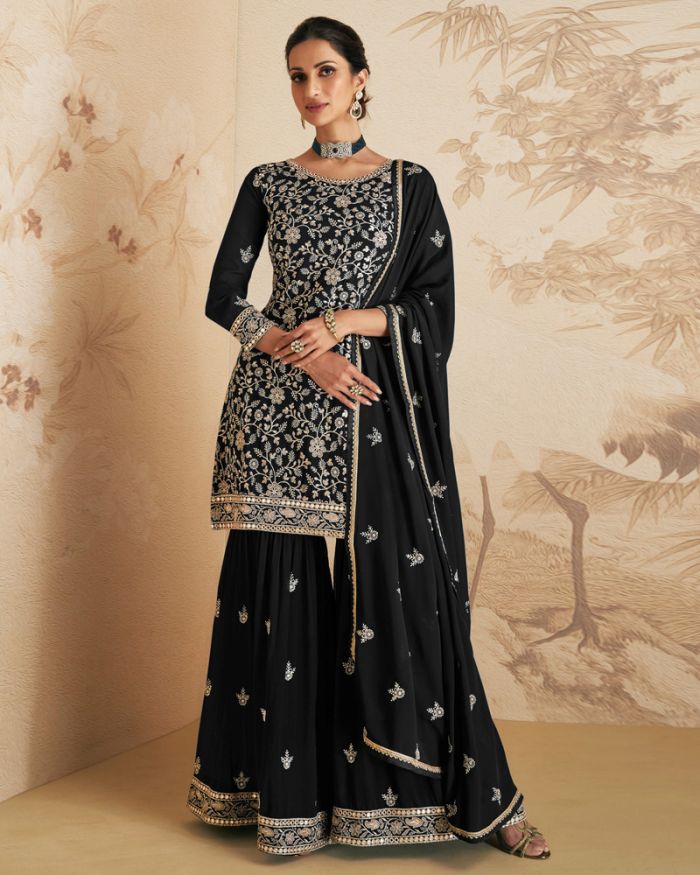 Black Georgette Striped Printed Sharara Suit With Dupatta