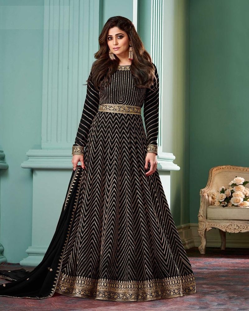 Black Embroidered Georgette Anarkali Dress For Wedding  Gunj Fashion