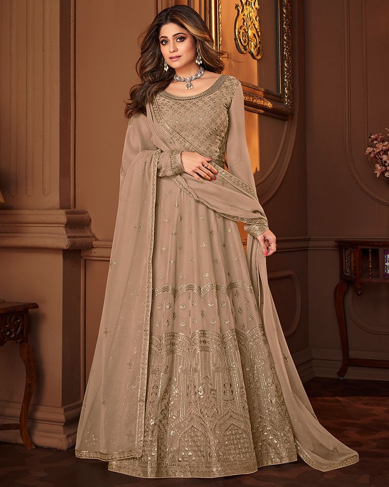 Cream Banaras, Sequins and Zari work Floor Length Anarkali Suit with B –  SeasonsChennai