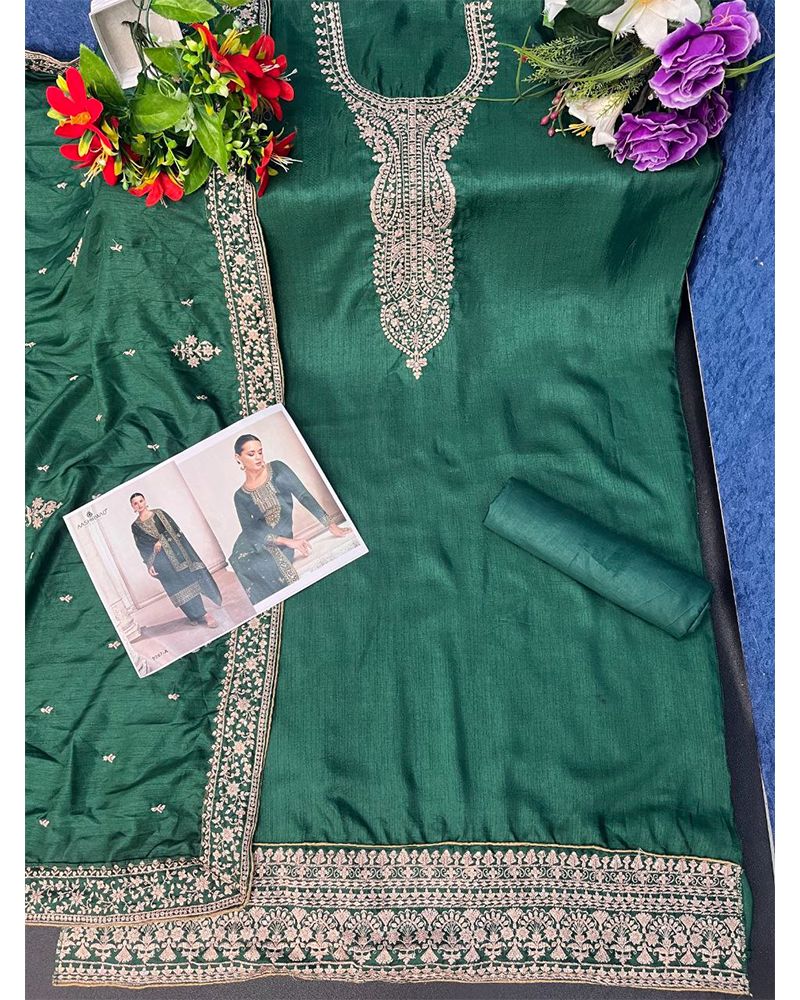 Designer Georgette With Heavy Embroidery Work Pakistani Suit Mehndi Color R  DN 528