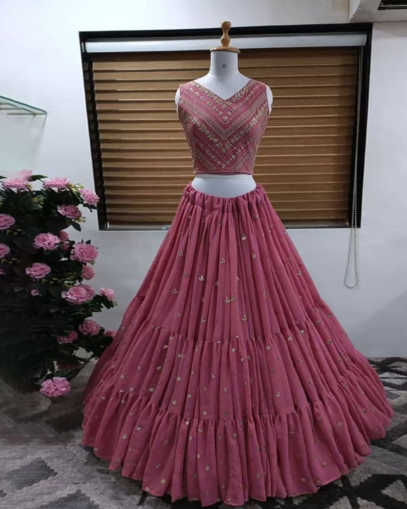 Buy Pink georgette sequence heavy flare lehenga choli at