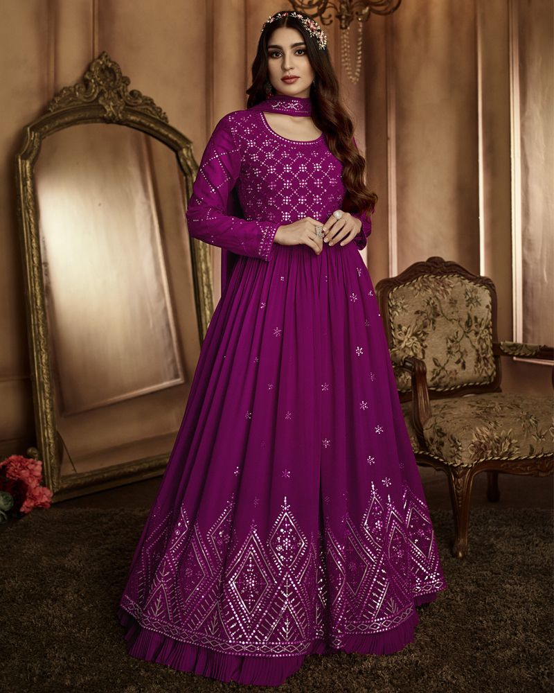 Purple With Gold Ethnic Embroidered Flared Anarkali Suit - Hatkay