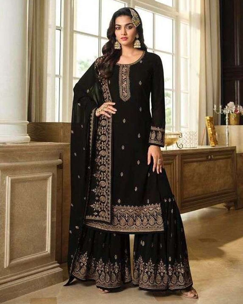 Navy Blue Color Embroidered Party Wear Readymade Sharara Salwar Suit For  Kids