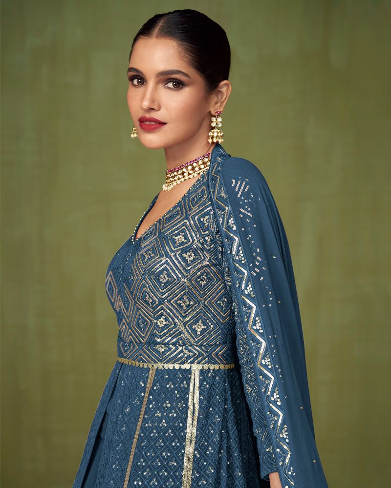 Buy Blue Georgette Emroidered Party Wear Anarkali Suit Online