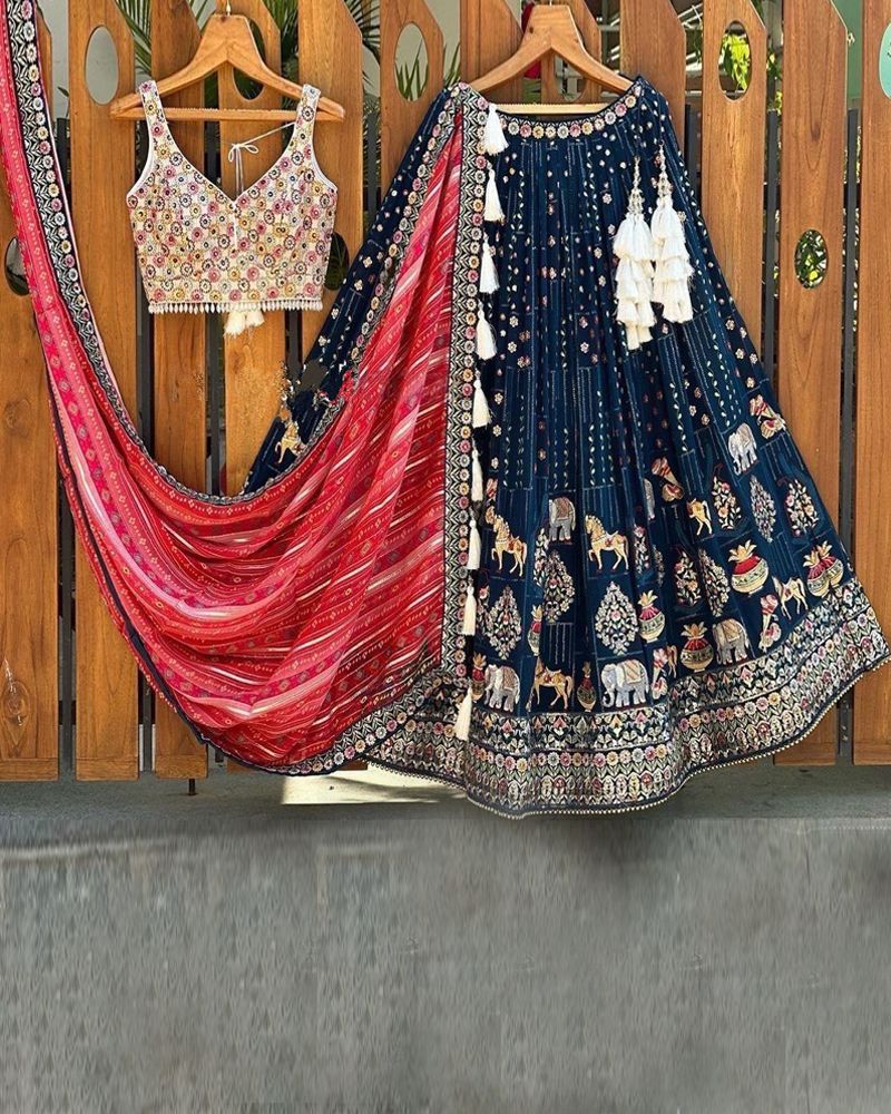 Red Lehenga Choli With Blue Dupptta Blue Blouse Matching Bridesaids  Lenghagarba Function Pure Cotton Chaniya Choli Ready to Wear Indiangarba -  Etsy