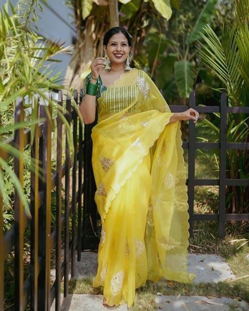 Buy Yellow color silk sequence silk saree at