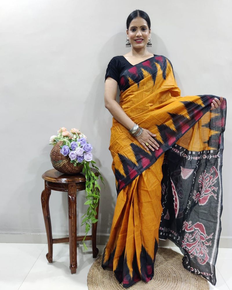 Buy trueBrowns Black Cotton Gold Striped Ready To Wear Saree online