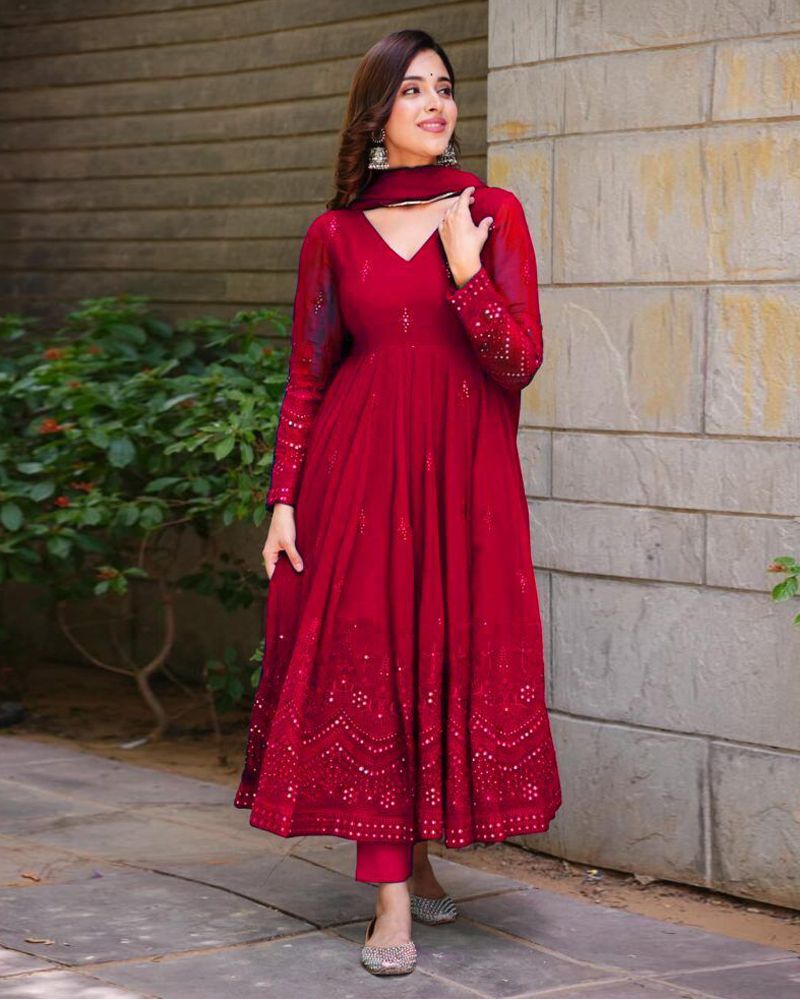 Buy Maroon Taffeta Silk Anarkali Suit With Dori Work Online - LSTV03982 |  Andaaz Fashion