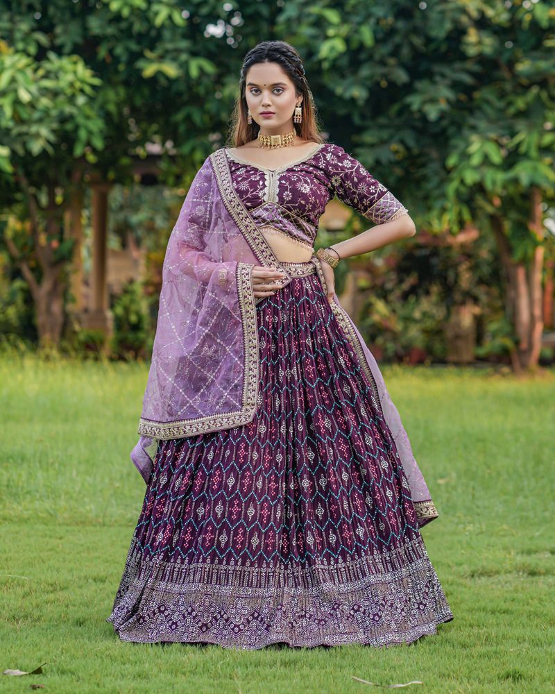 Wine Color Soft Net sequence work Lehenga choli - Featured Product